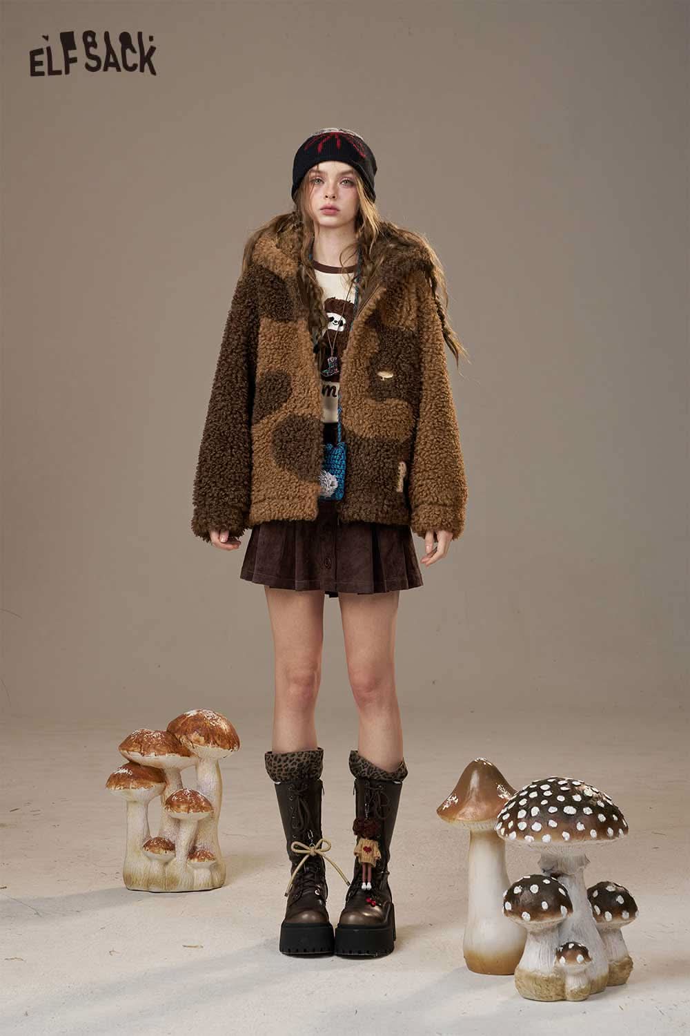 ELFSACK wool blend faux shearling coat in brown with animal print design and cozy hood for stylish winter wear
