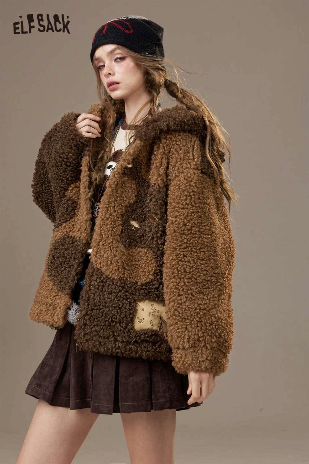 ELFSACK wool blend faux shearling coat in brown with a cozy oversized fit and playful design