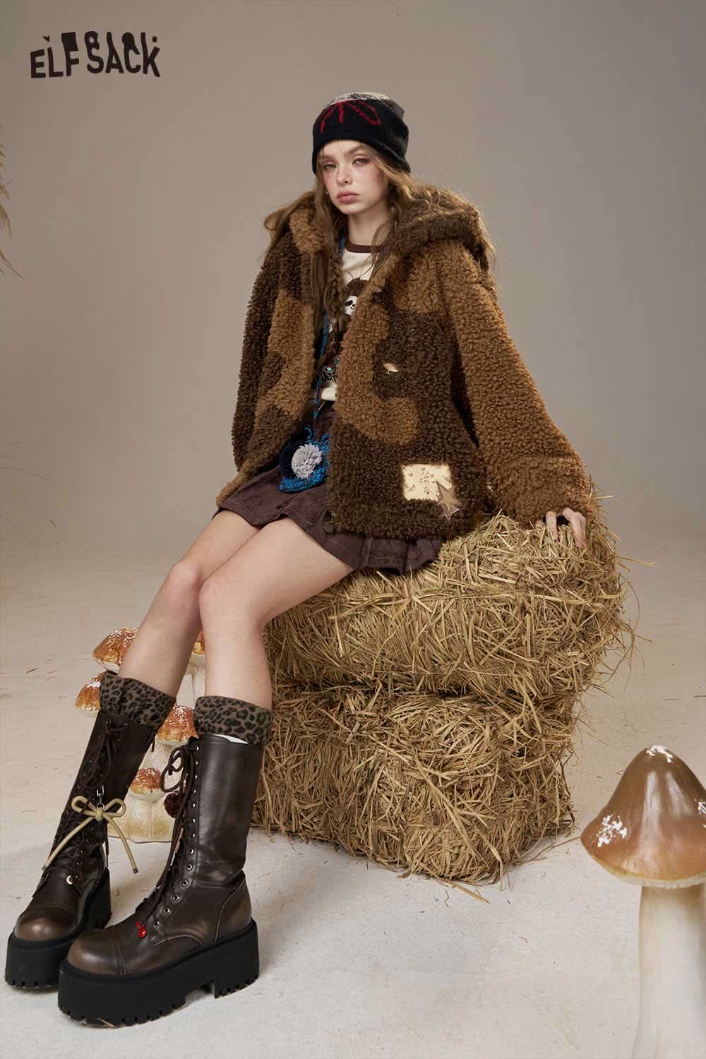 ELFSACK wool blend faux shearling coat in brown with a hood and cozy texture, styled with boots and accessories