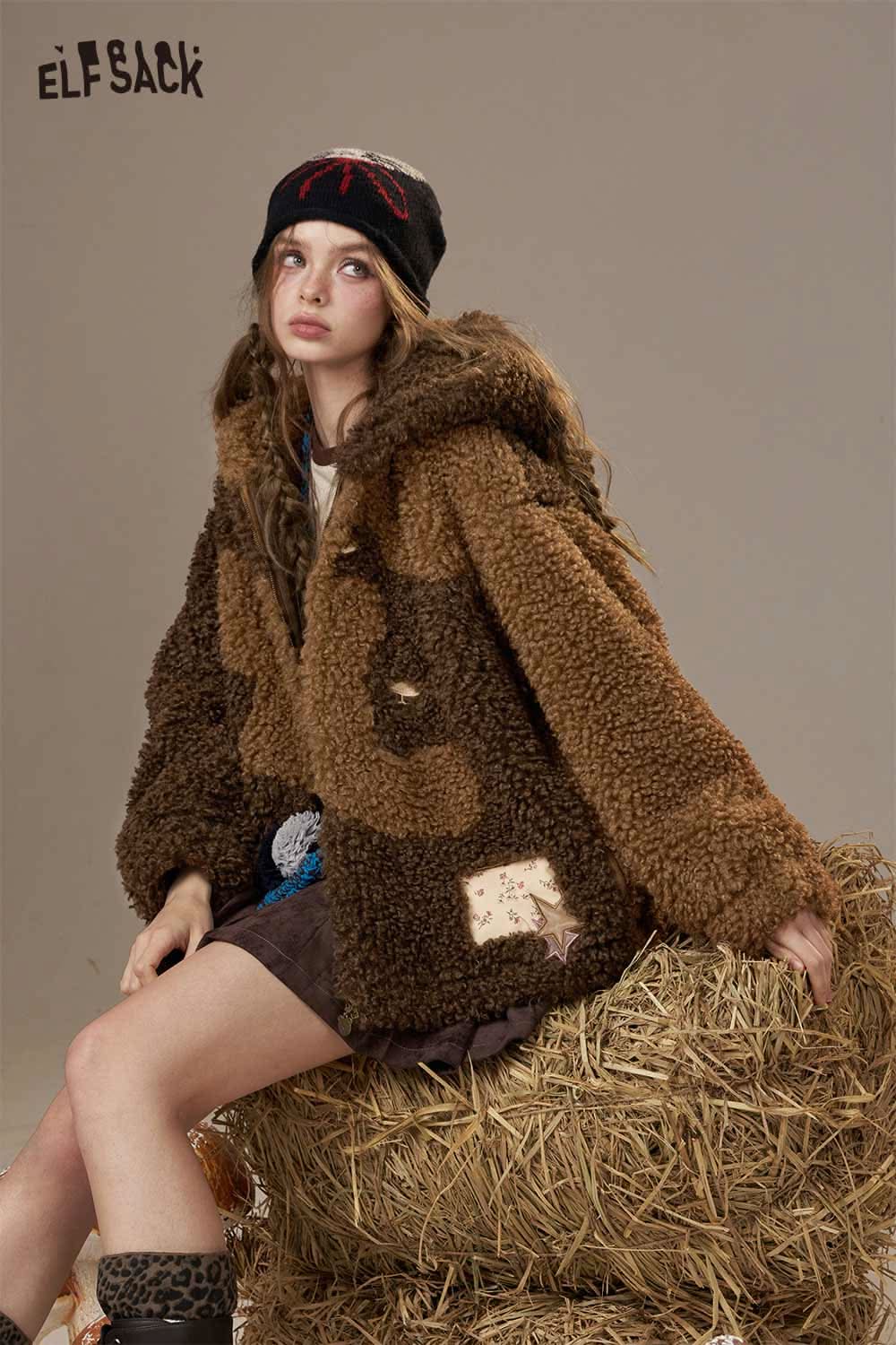 ELFSACK wool blend faux shearling coat in a brown fur design, perfect for stylish warmth in colder weather