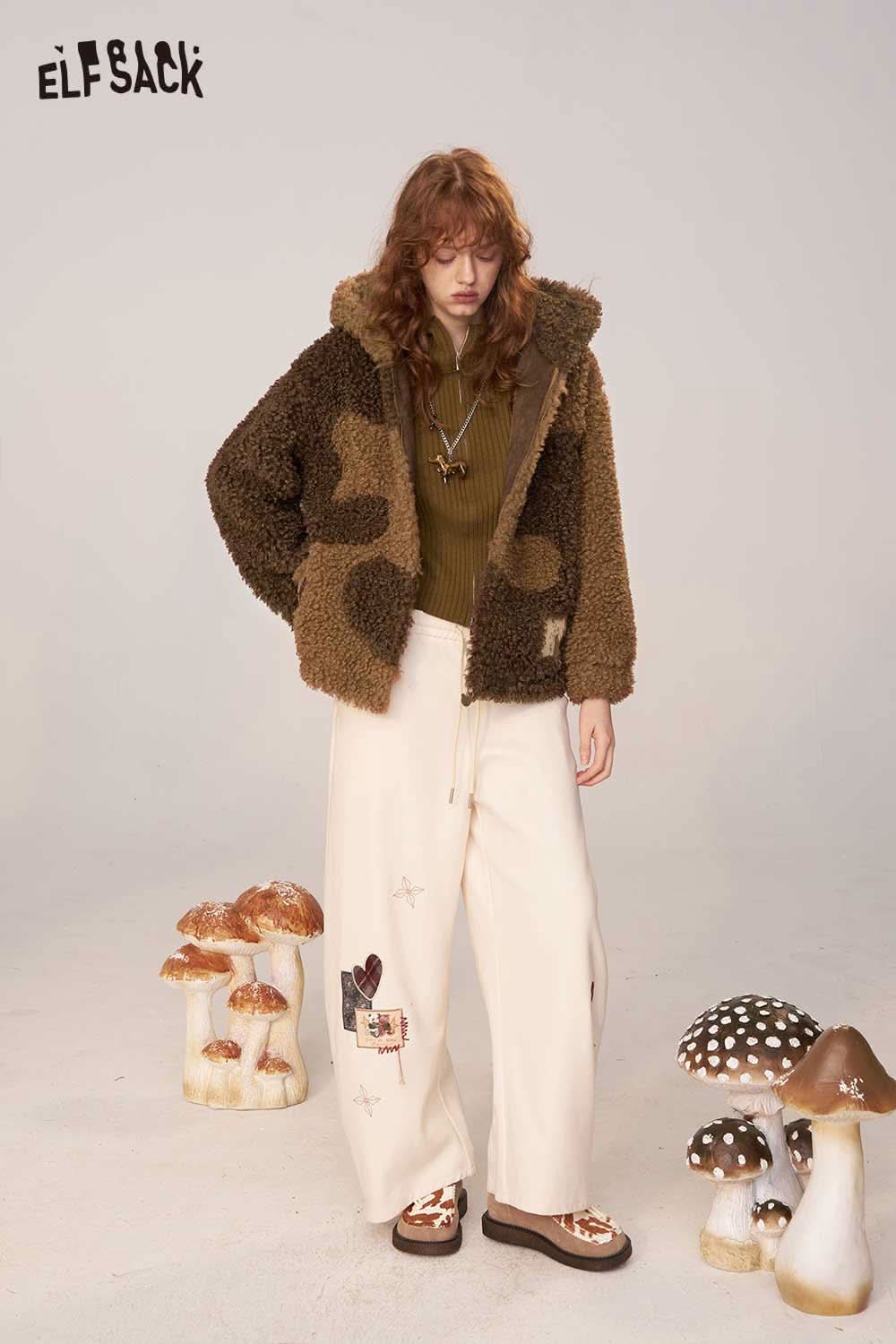 ELFSACK wool blend faux shearling coat in brown and beige with a cozy hood and stylish design