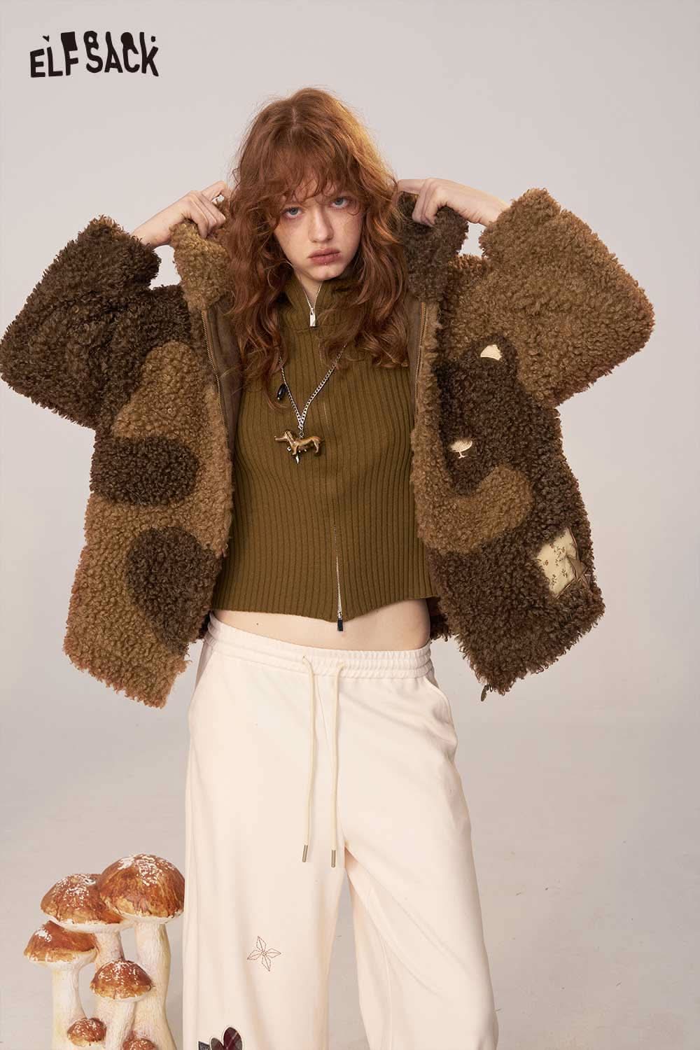 ELFSACK wool blend faux shearling coat in brown with unique patterns, perfect for stylish winter layering
