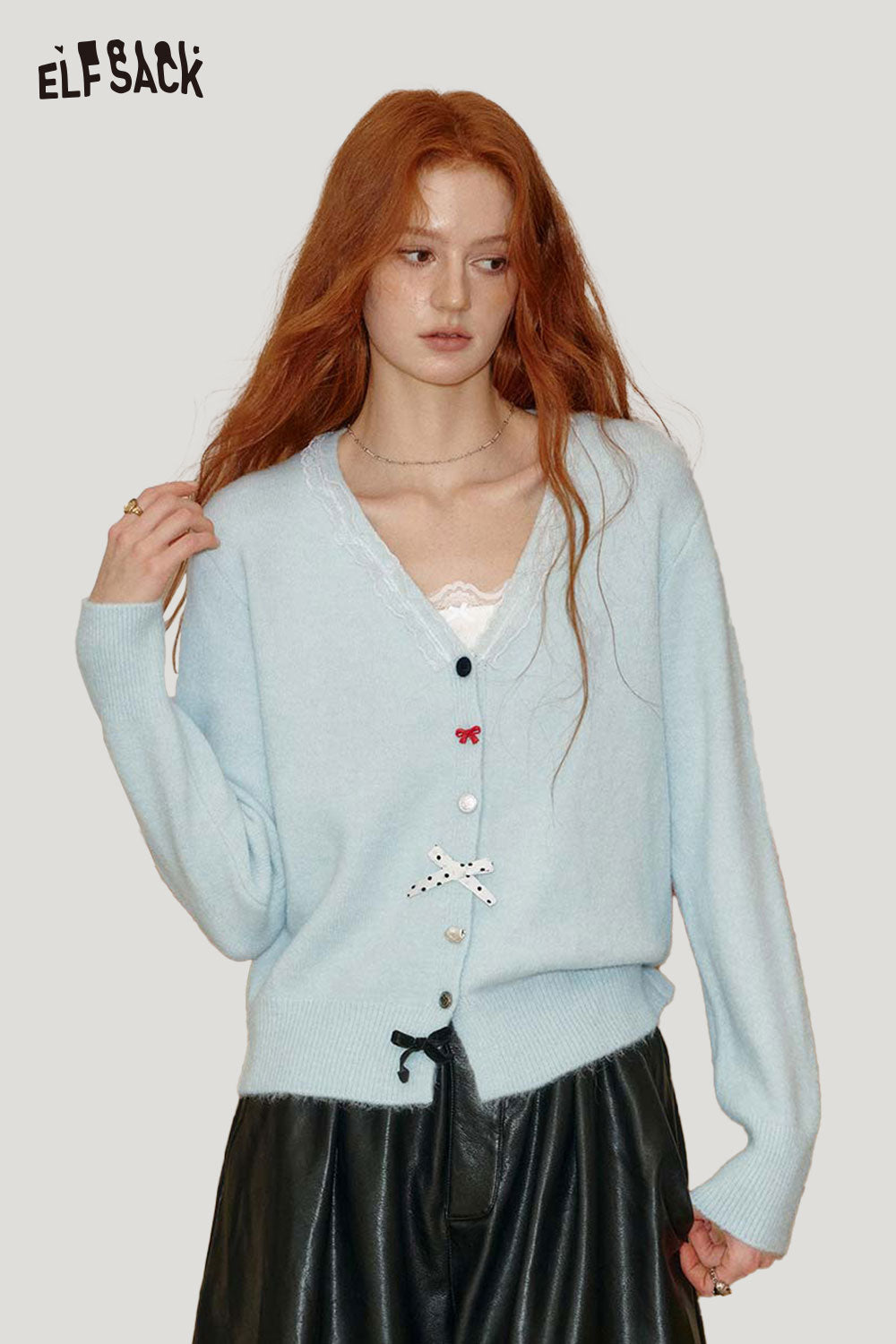 ELFSACK Light Blue Wool Blend Knit Top for Women with Button Detail and Soft Texture