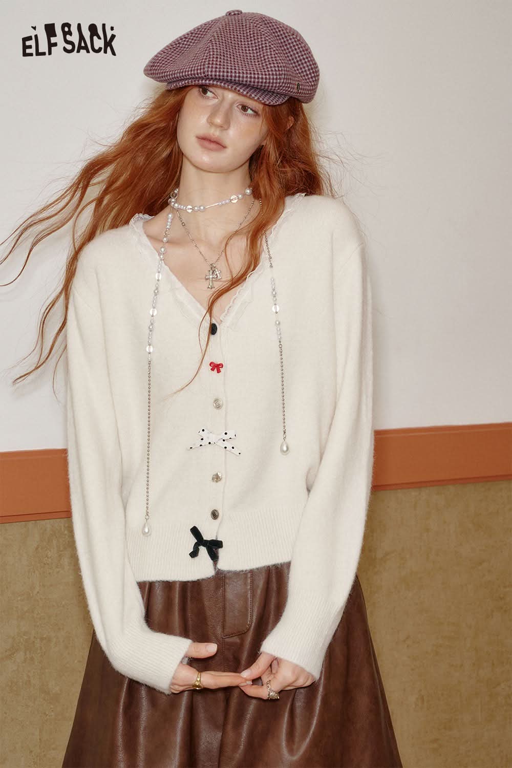 ELFSACK women's wool blend knit top for women in cream with decorative buttons and long sleeves