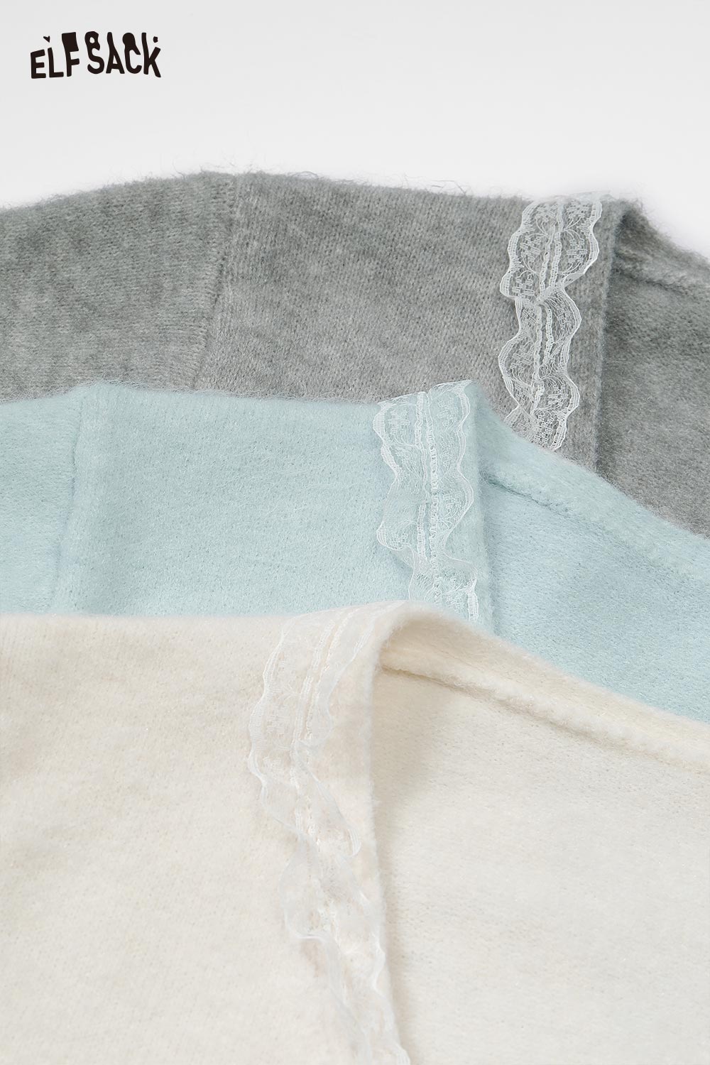 ELFSACK wool blend knit top for women in gray, blue, and white with delicate lace trim