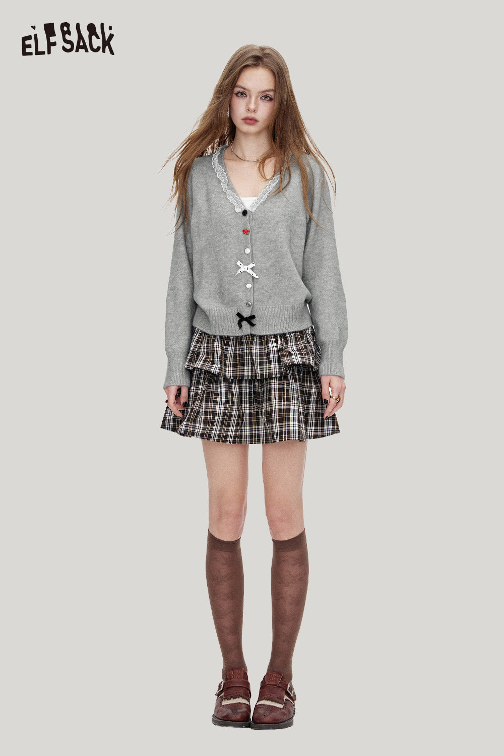 ELFSACK grey cardigan sweater featuring a stylish design, a wool blend knit top for women