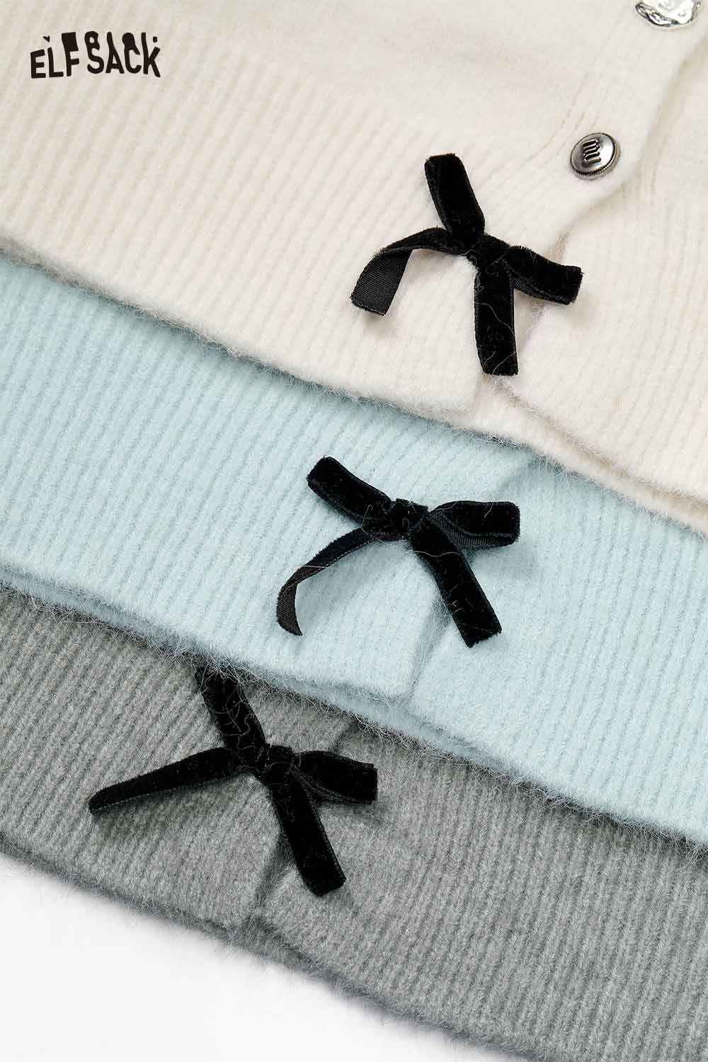 ELFSACK wool blend knit top for women with ribbed texture and decorative black bows