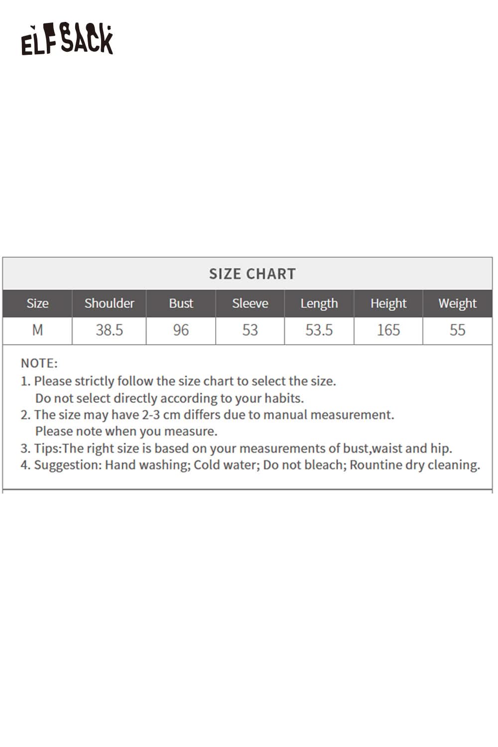 ELFSACK Size Chart for women’s wool blend knit top for women with measurements for shoulder, sleeve, and length