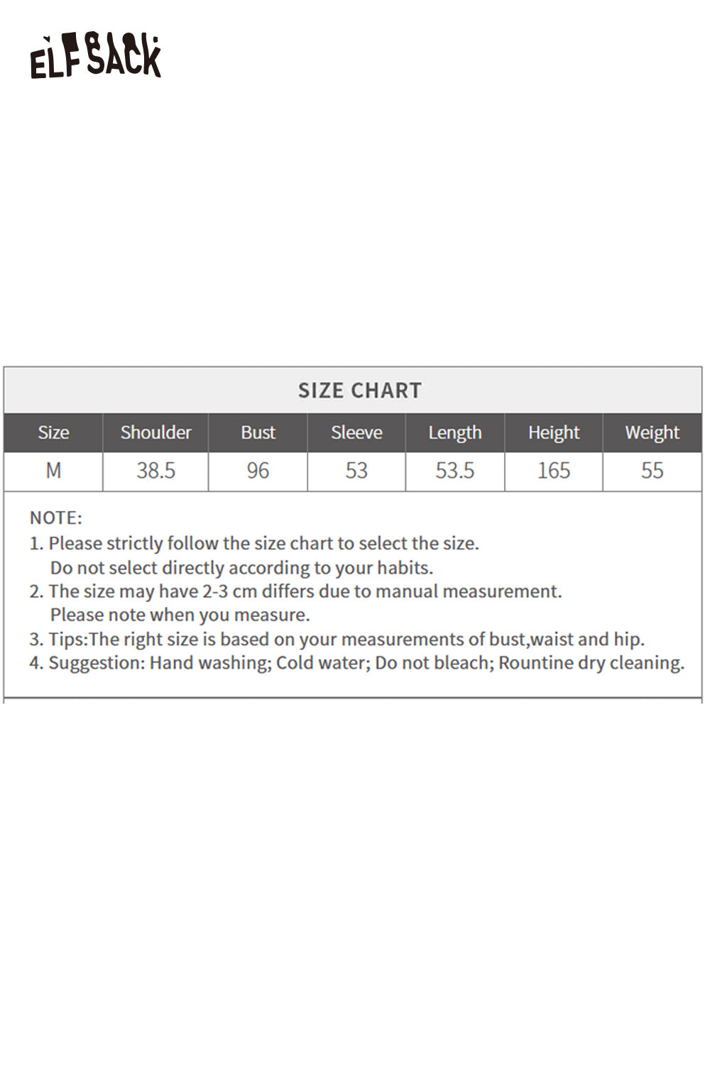 ELFSACK Size Chart for wool blend knit top for women with detailed measurements and care instructions