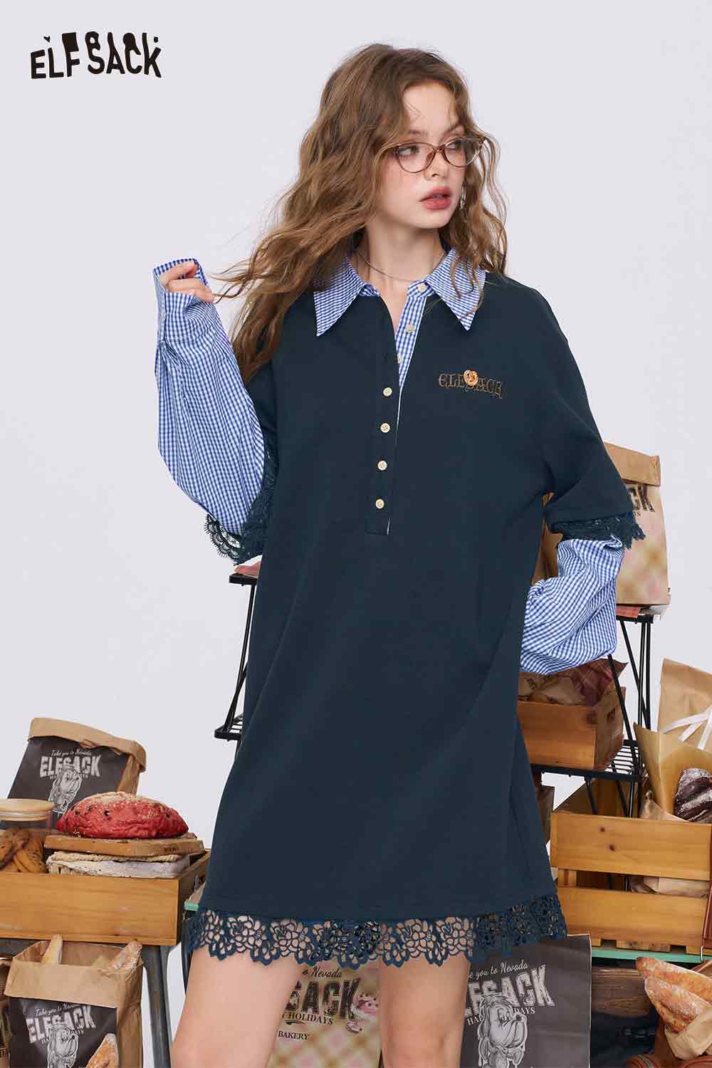 ELFSACK college style knit dress navy oversized polo with gingham shirt sleeves and lace hem