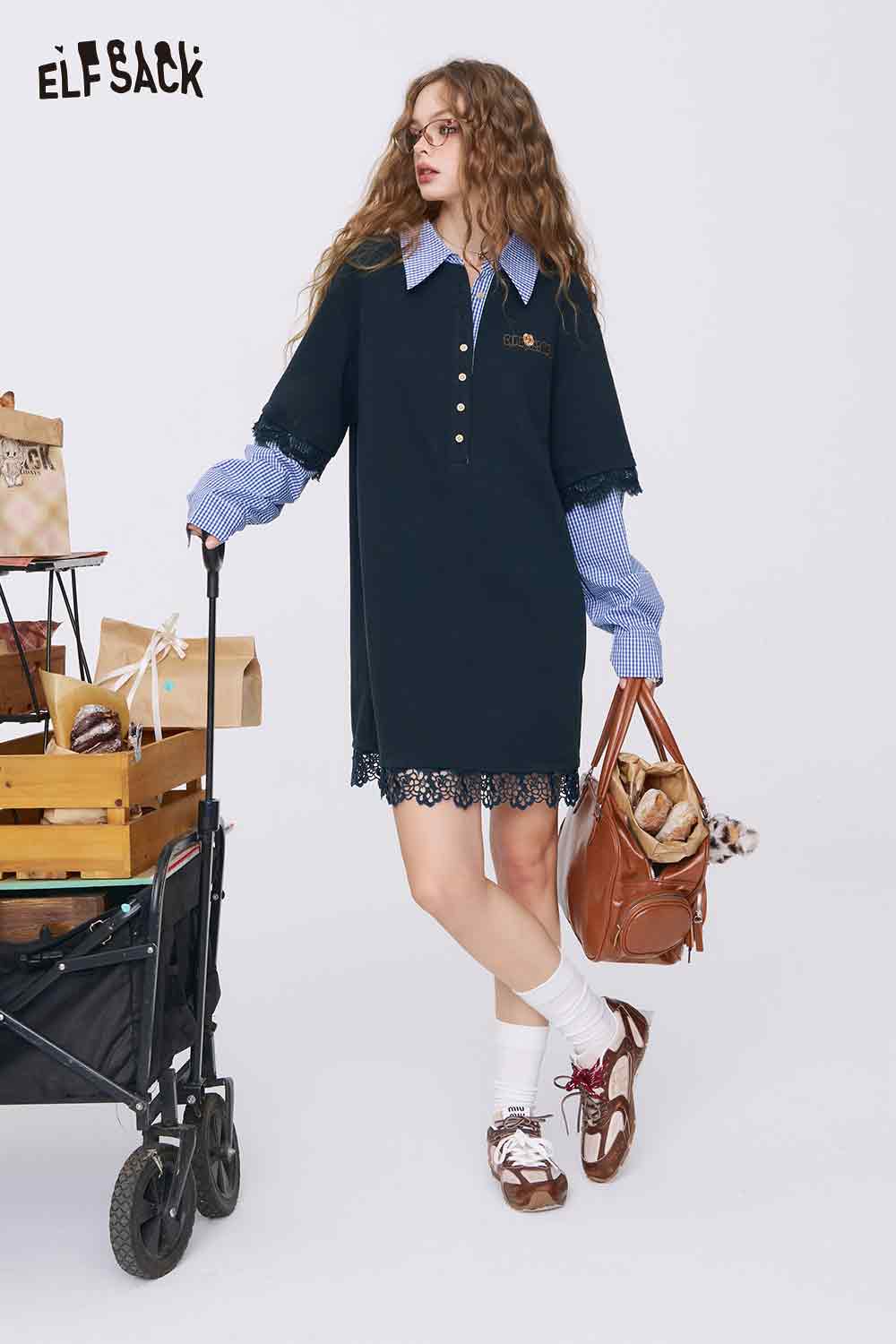 ELFSACK college style knit dress navy preppy layered look with lace hem long sleeves and button placket