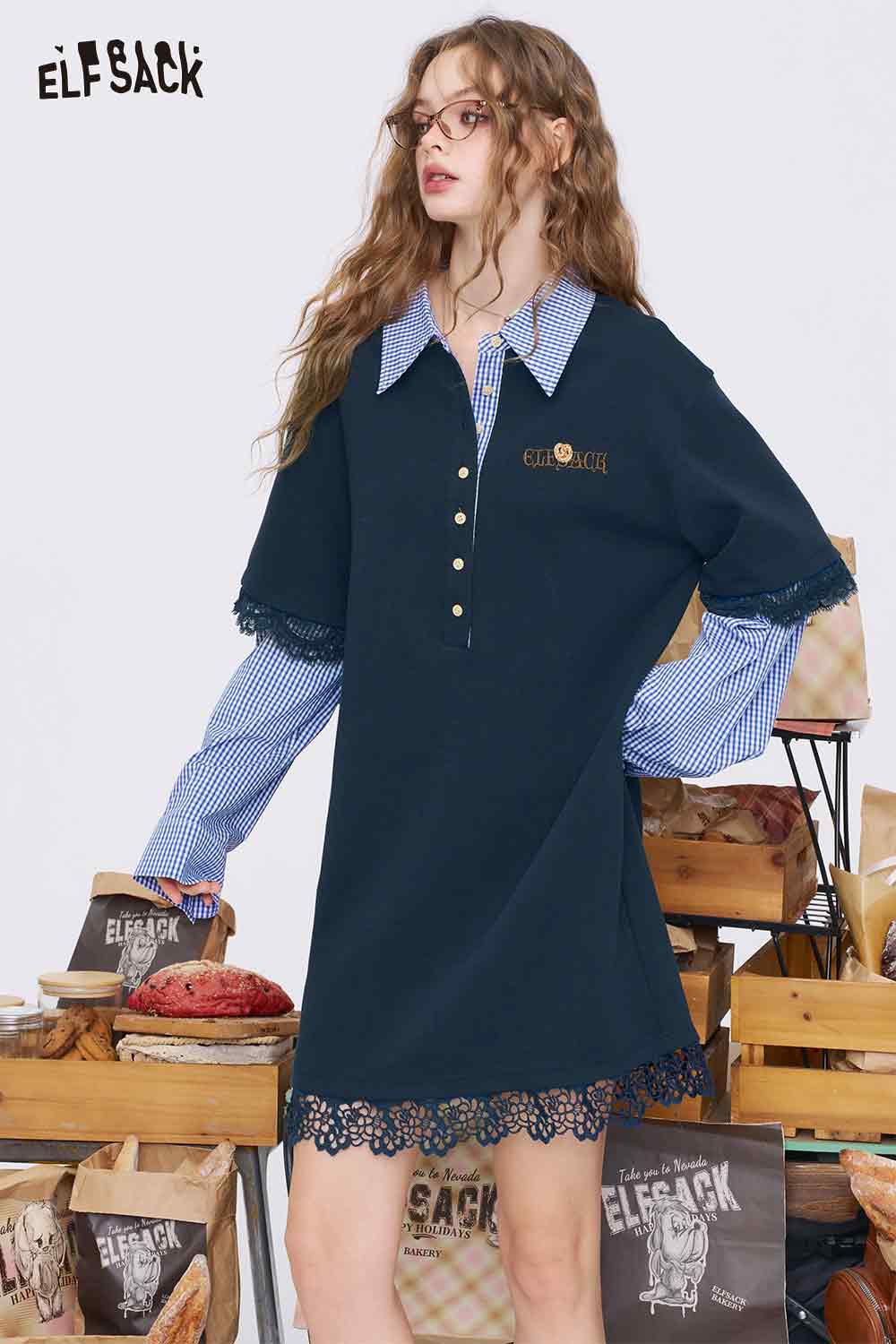 ELFSACK navy college style knit dress with blue gingham collar and sleeves, lace hem and front buttons