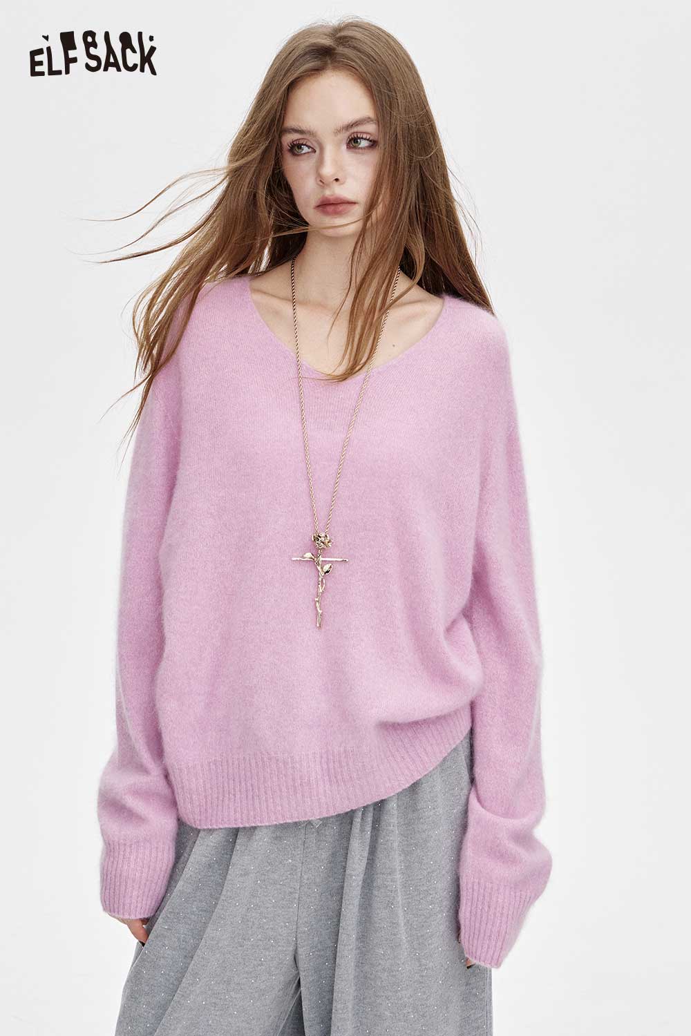 ELFSACK wool blend oversized sweater women in soft pink, perfect for stylish layering and casual wear