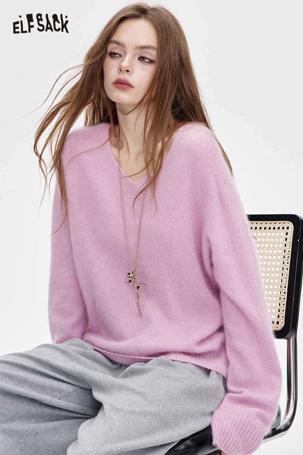 ELFSACK wool blend oversized sweater women in pink, featuring a relaxed fit and cozy design