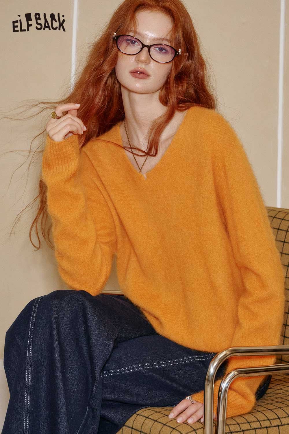 ELFSACK wool blend oversized sweater women in vibrant orange with V-neck design for a cozy look.