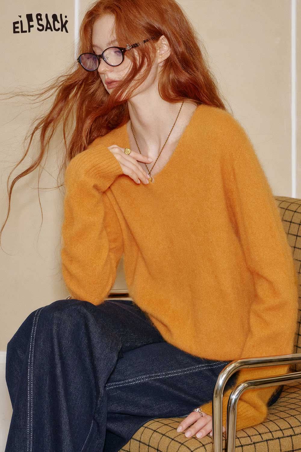 ELFSACK wool blend oversized sweater women in vibrant orange, perfect for stylish layering in cool weather.