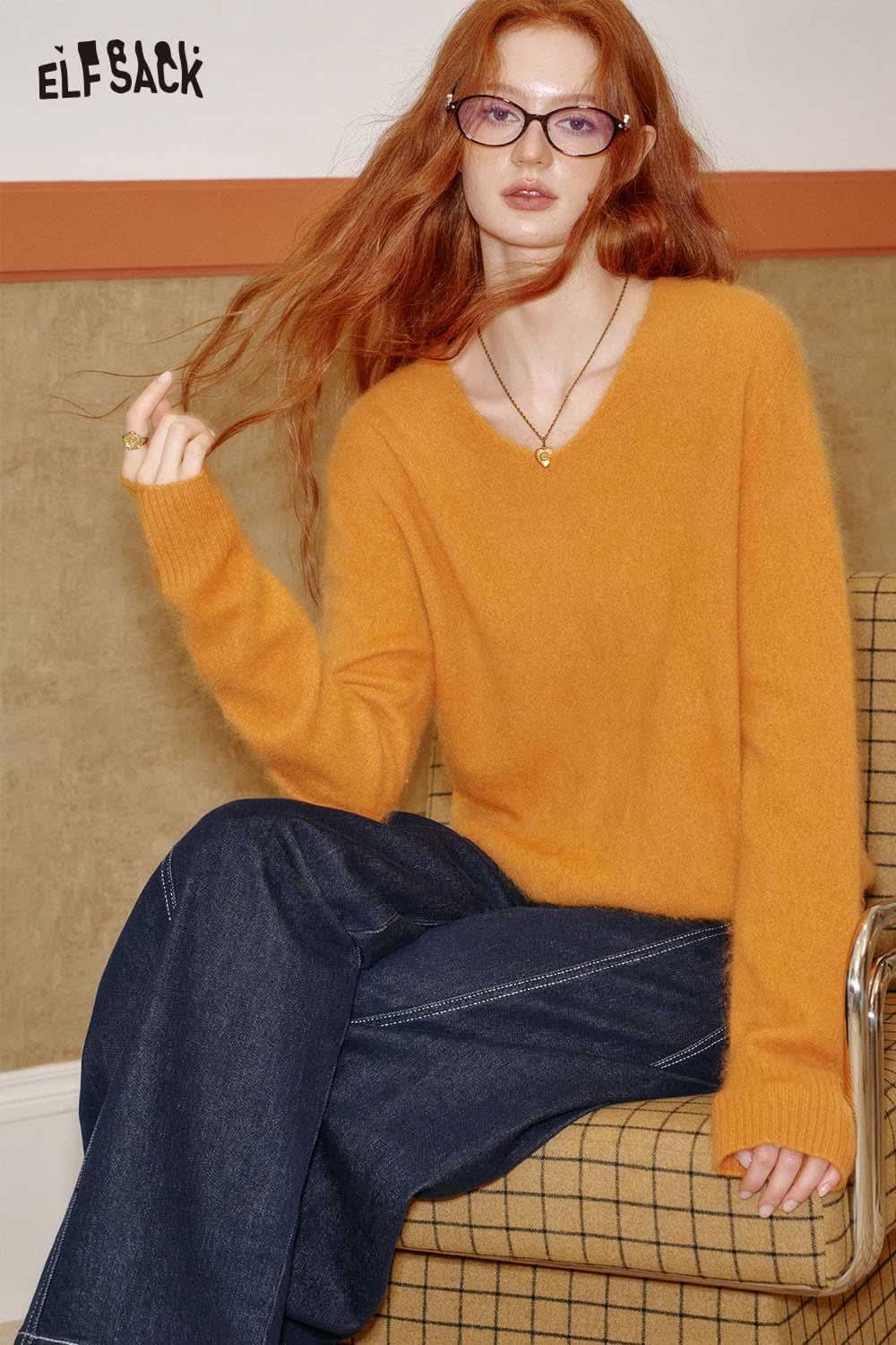 ELFSACK wool blend oversized sweater women in vibrant orange, perfect for cozy casual looks