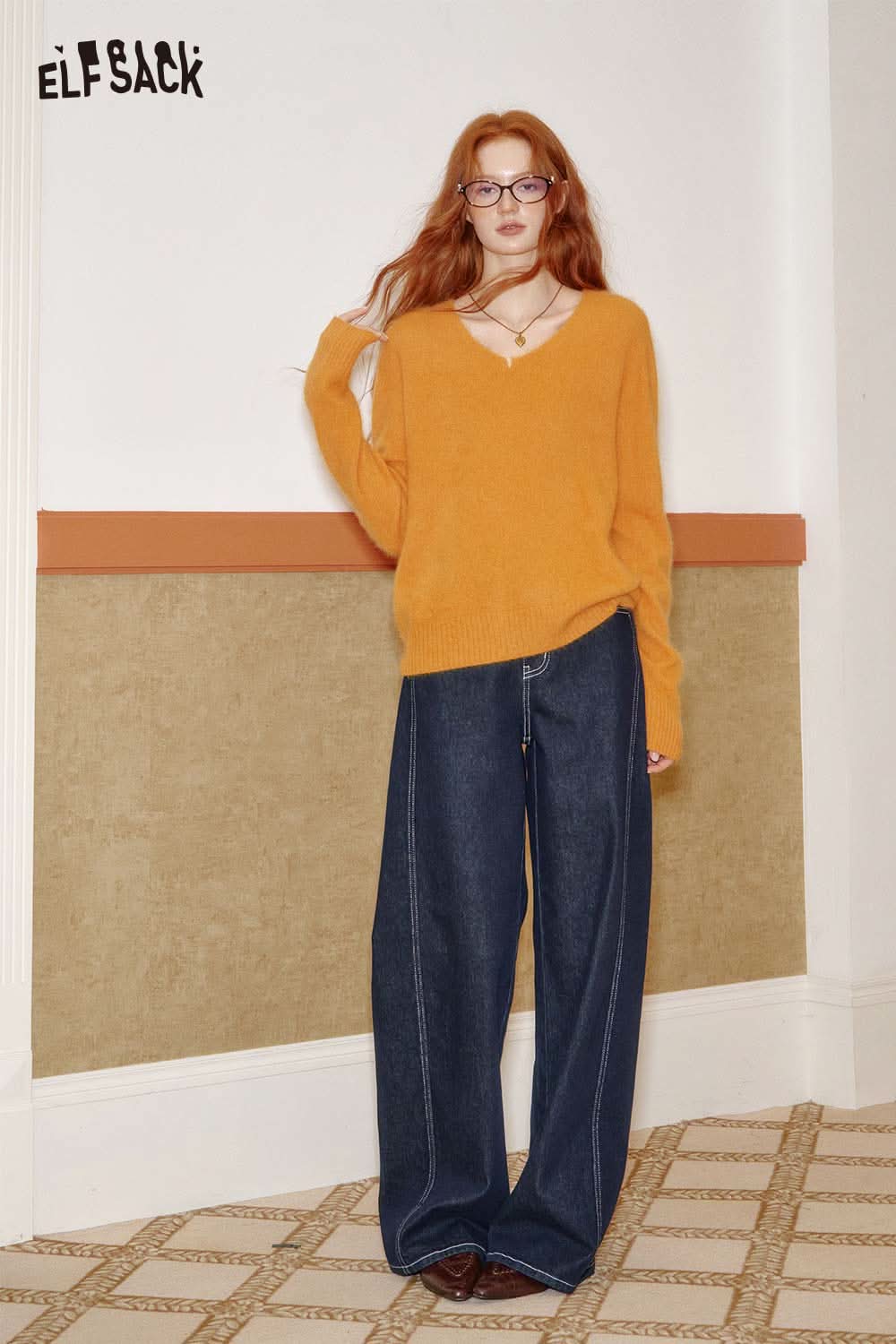 ELFSACK wool blend oversized sweater women in vibrant orange paired with wide-leg jeans