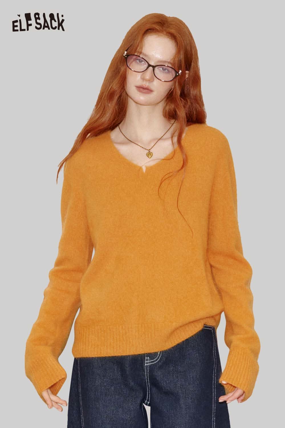 ELFSACK wool blend oversized sweater women in vibrant orange with a V-neck design and relaxed fit