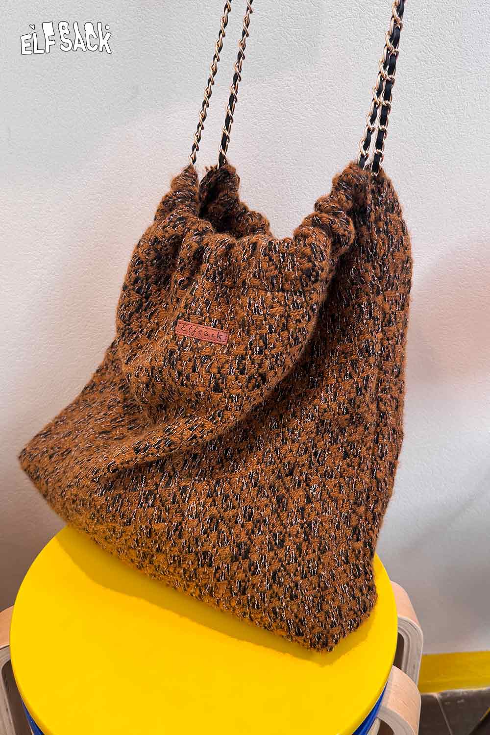 ELFSACK wool blend oversized tote bag in brown with drawstring closure and chain straps
