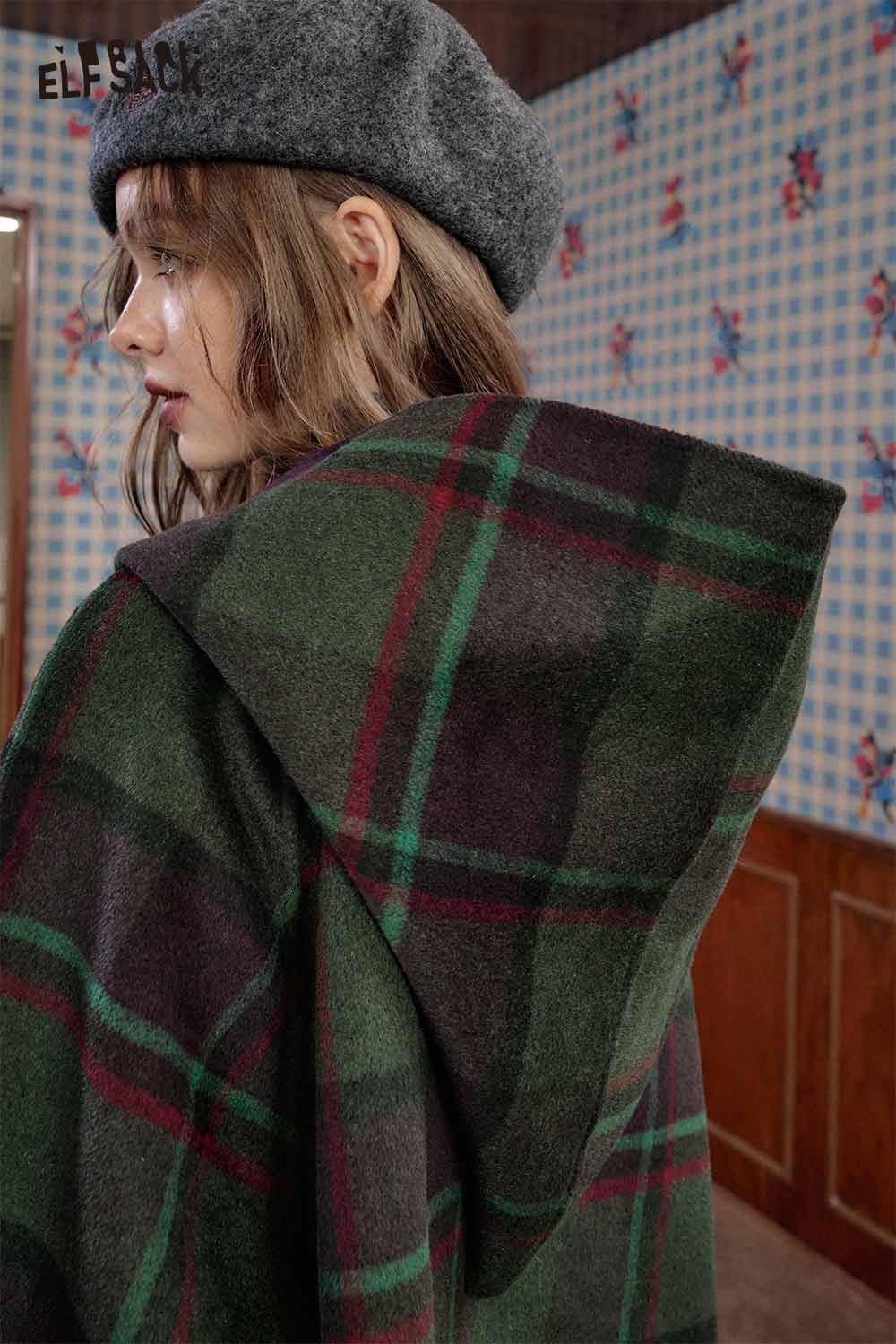 ELFSACK wool blend plaid hooded coat featuring a stylish plaid pattern and cozy hood