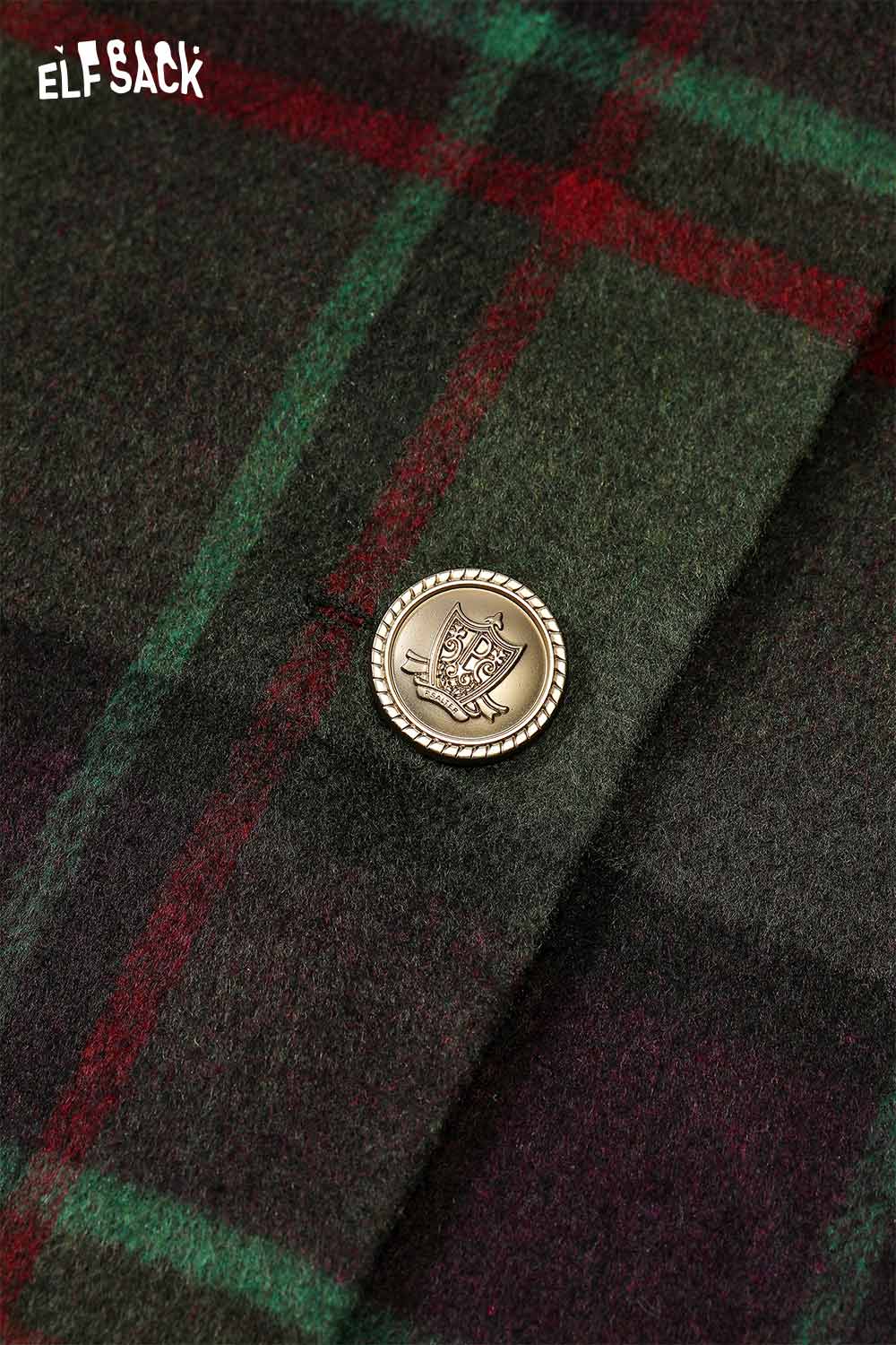 Close-up of ELFSACK wool blend plaid hooded coat featuring a decorative button detail