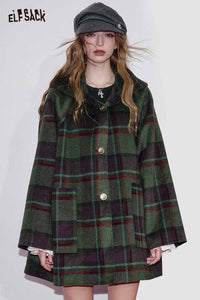 ELFSACK wool blend plaid hooded coat featuring a stylish design and buttons for a chic look
