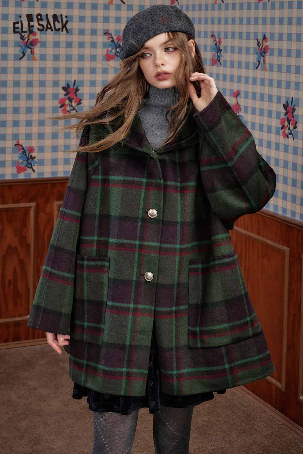 ELFSACK wool blend plaid hooded coat in green and burgundy with large buttons and pockets