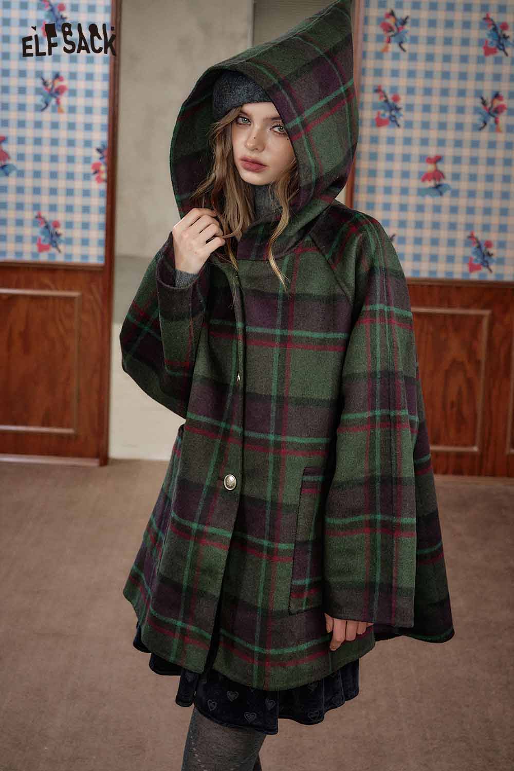 ELFSACK wool blend plaid hooded coat featuring a stylish design and vibrant colors