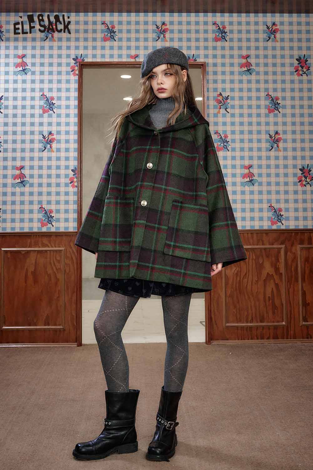 ELFSACK wool blend plaid hooded coat styled with a fashionable outfit and accessories
