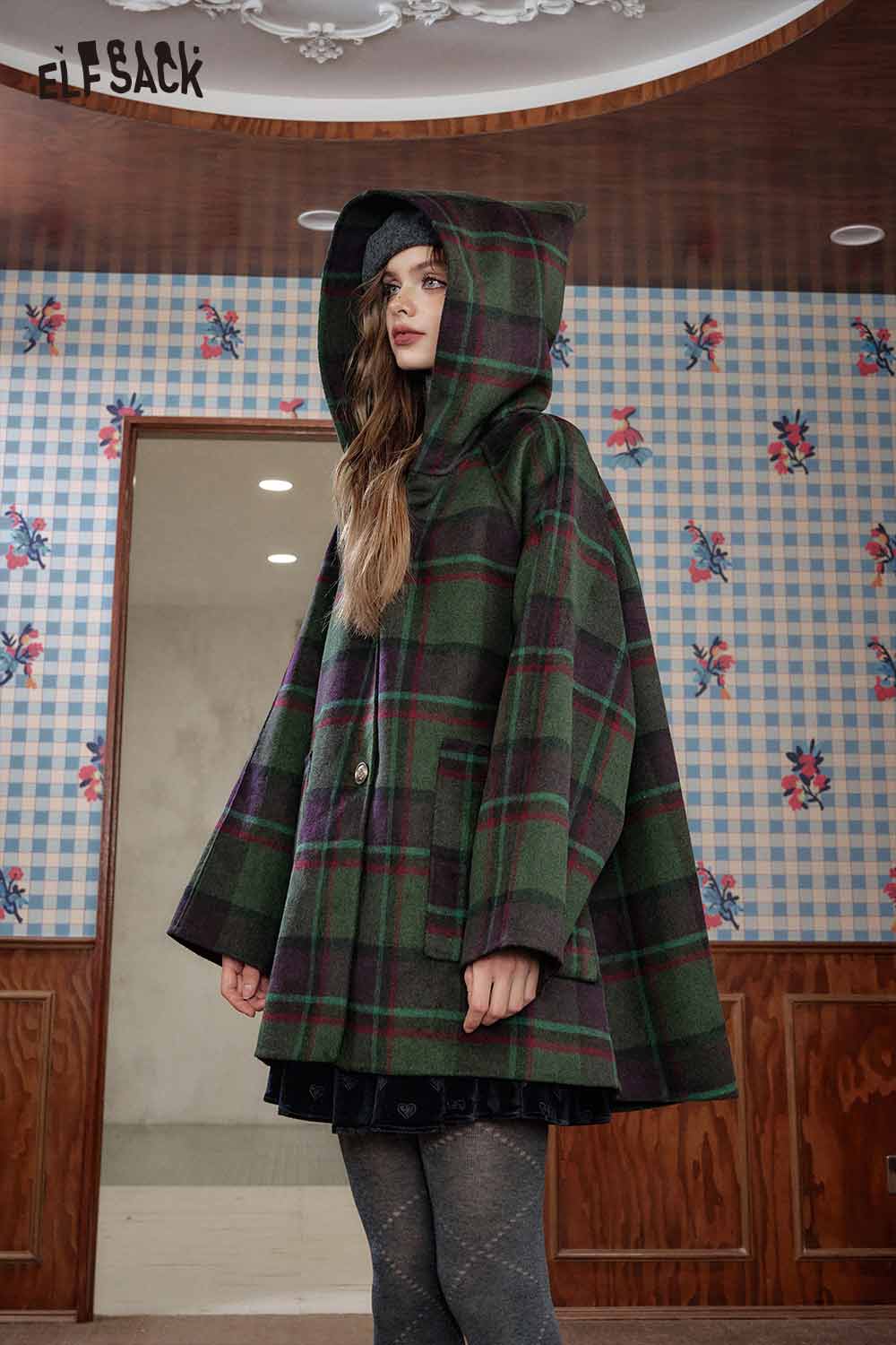 ELFSACK wool blend plaid hooded coat in green and burgundy with a stylish oversized design