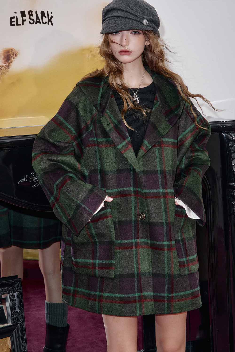 ELFSACK wool blend plaid hooded coat in dark green and red check pattern for a stylish look