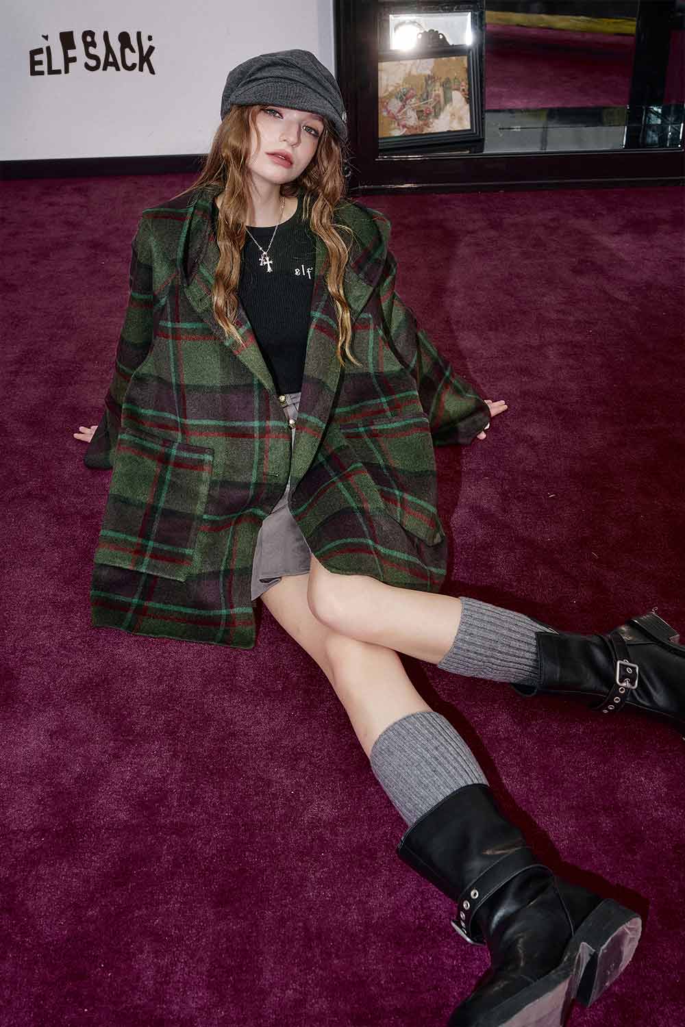 ELFSACK wool blend plaid hooded coat displayed on a model with stylish accessories in a trendy setting