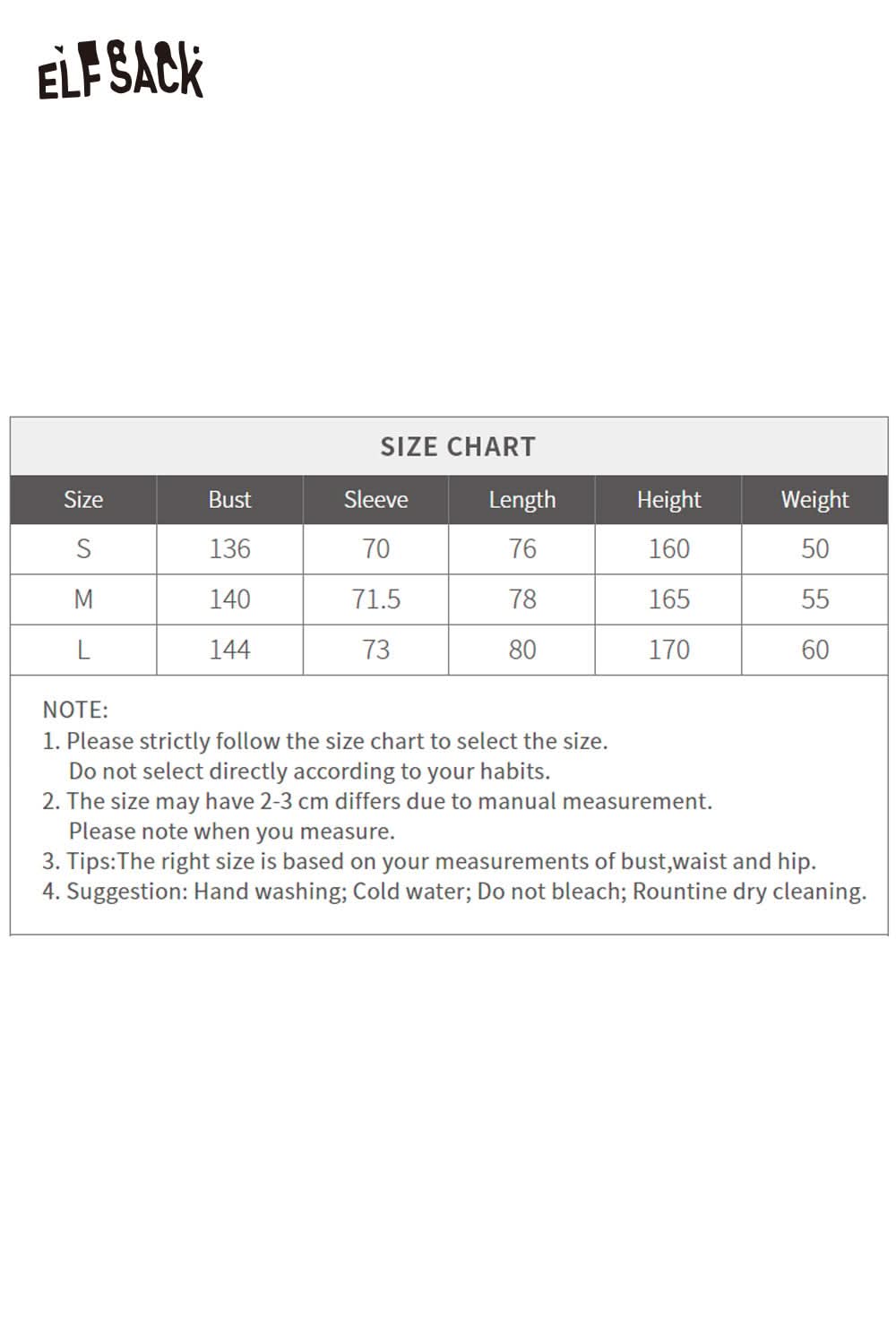ELFSACK wool blend plaid hooded coat size chart with measurements for best fit