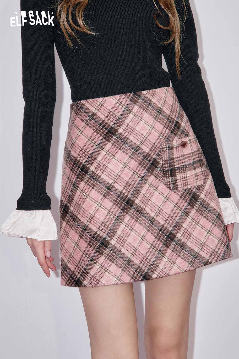 ELFSACK wool blend plaid midi skirt in pink with a stylish pocket for a trendy look