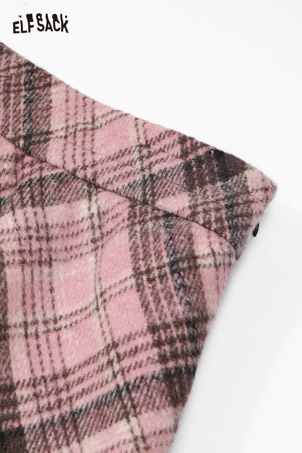 ELFSACK wool blend plaid midi skirt in pink and brown tones, featuring a stylish checkered pattern