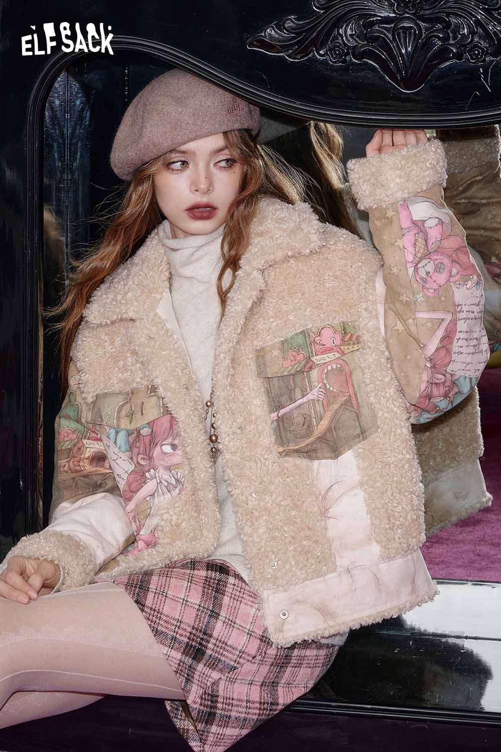 ELFSACK wool blend plaid midi skirt paired with a cozy jacket in a stylish mirror setting