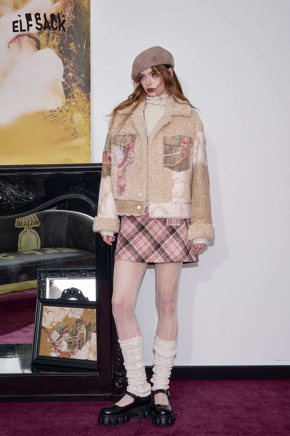 Trendy model wearing an ELFSACK wool blend plaid midi skirt paired with a stylish jacket and accessories