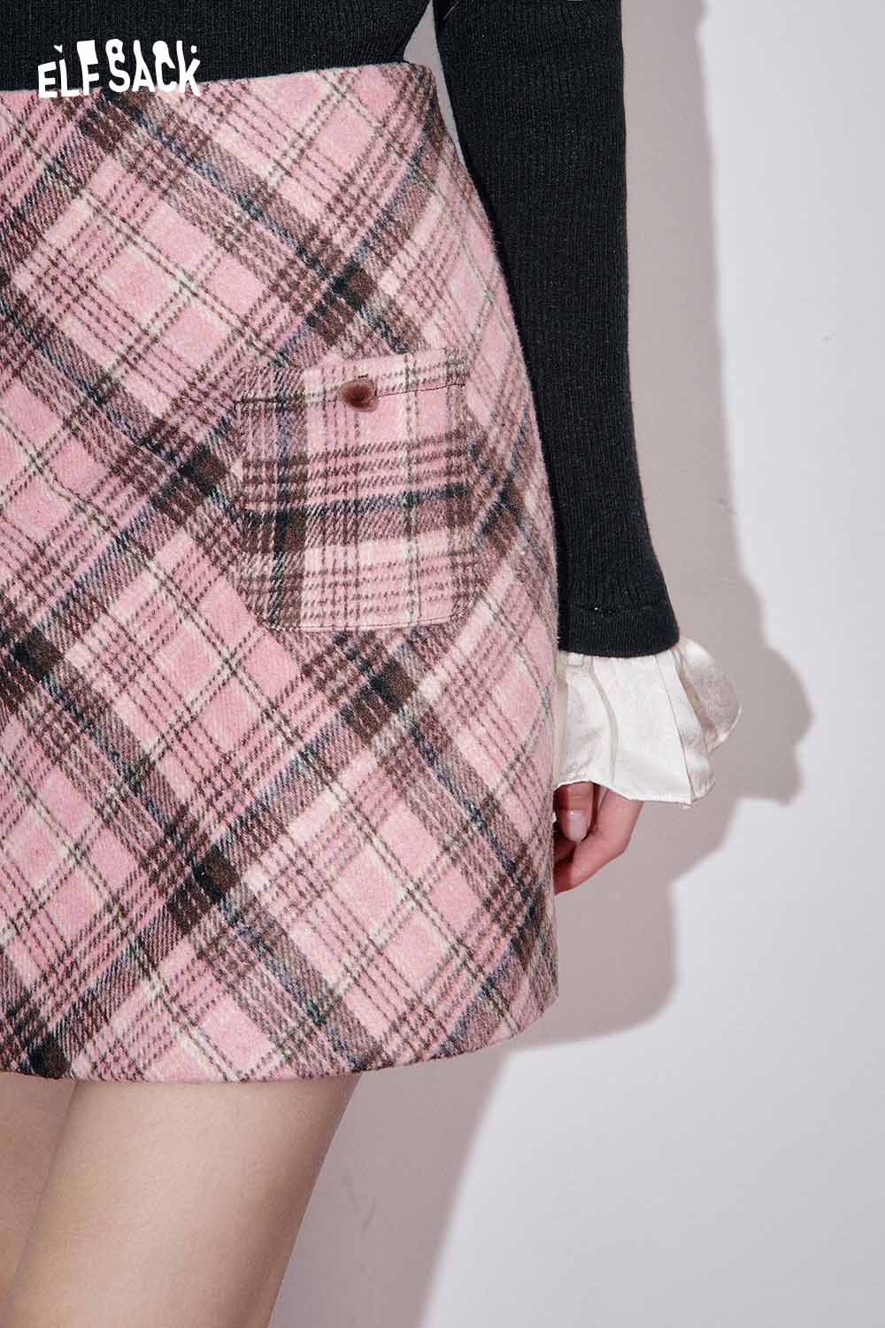 ELFSACK wool blend plaid midi skirt in pink with a stylish side pocket detail