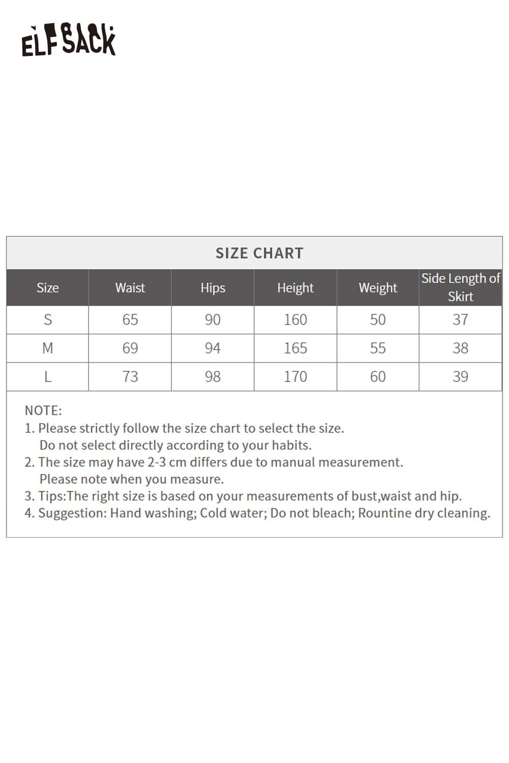 ELFSACK wool blend plaid midi skirt size chart for accurate fitting and measurements