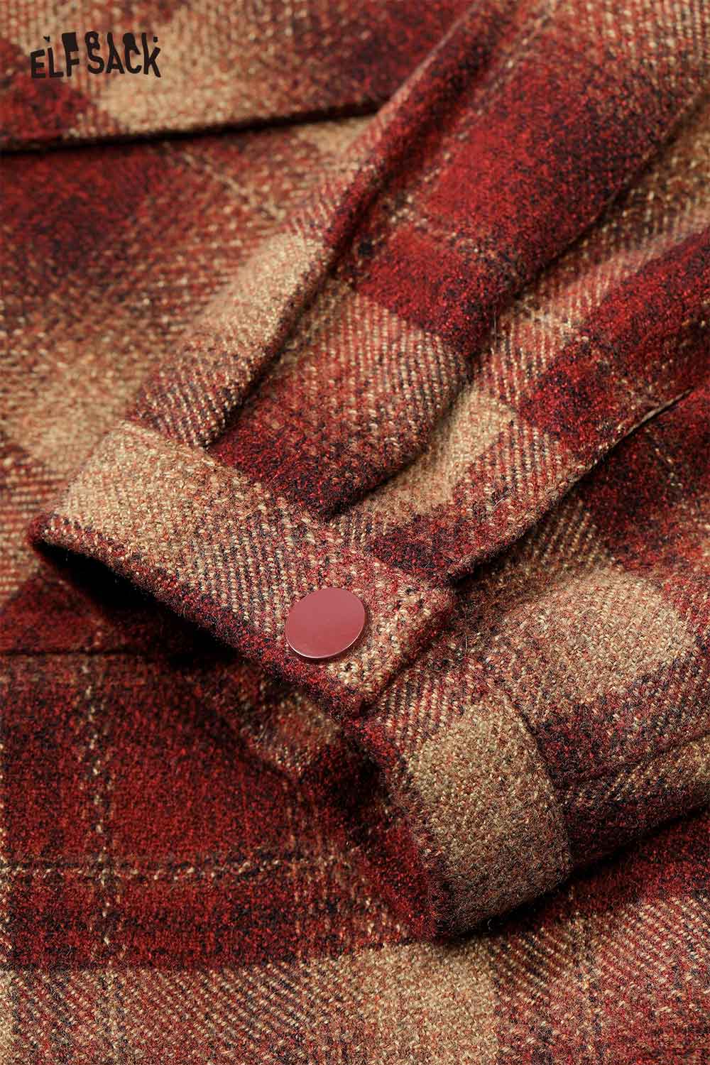 ELFSACK wool blend plaid short jacket in warm tones with stylish button detail