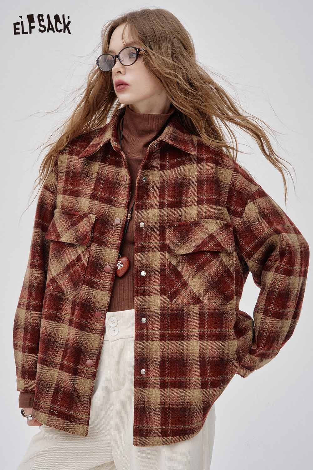 ELFSACK wool blend plaid short jacket in warm tones with button pockets and relaxed fit