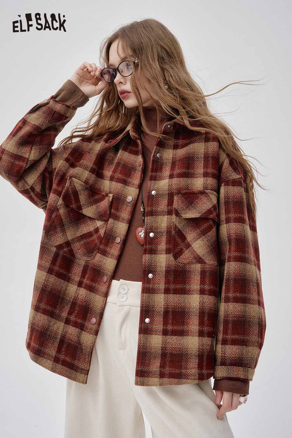 ELFSACK wool blend plaid short jacket in earthy tones with button details and oversized fit