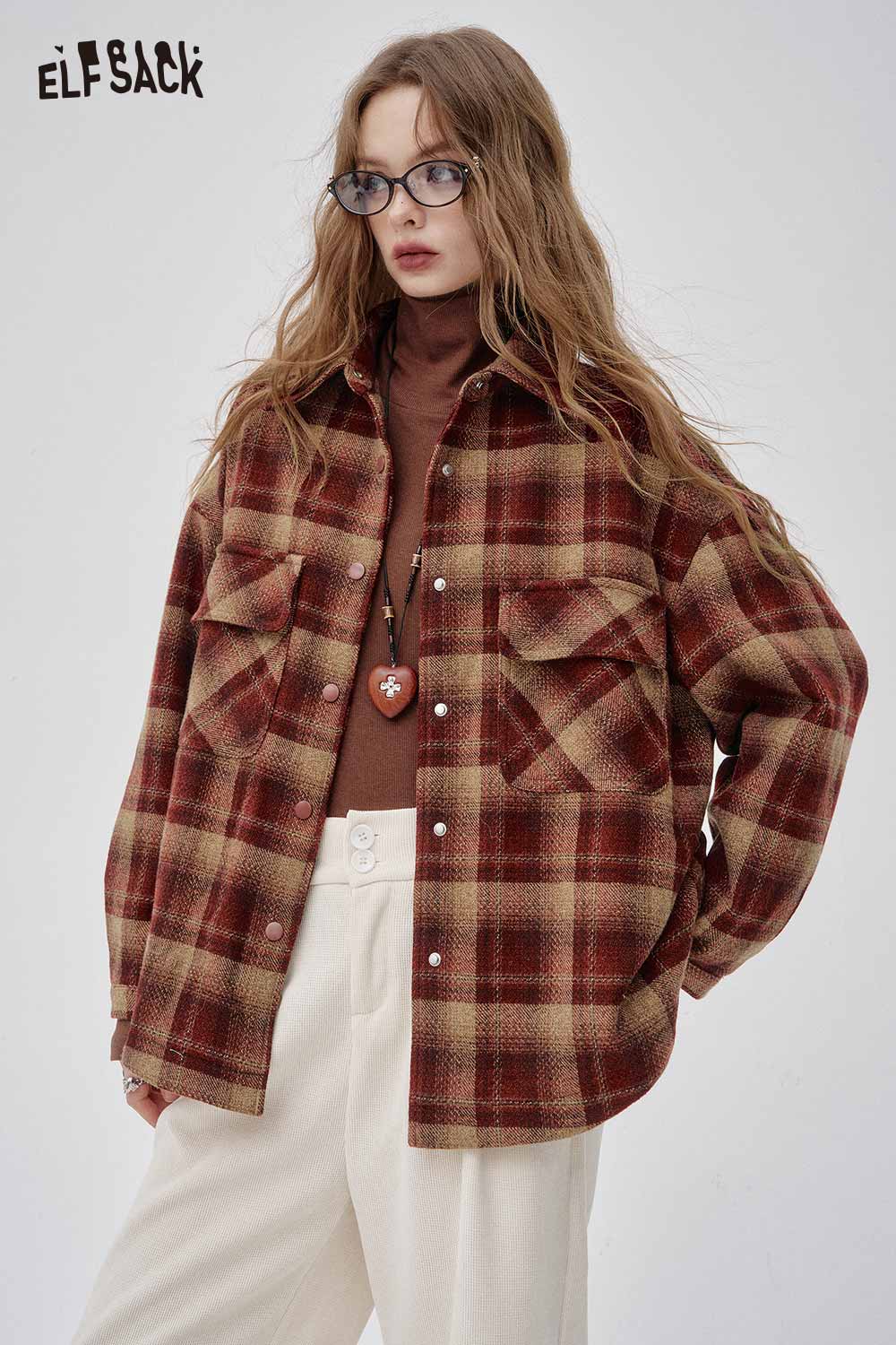 ELFSACK wool blend plaid short jacket in red and brown with oversized fit and front pockets