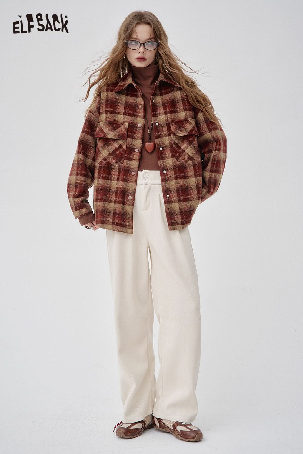 ELFSACK wool blend plaid short jacket with a relaxed fit and front pockets for casual style