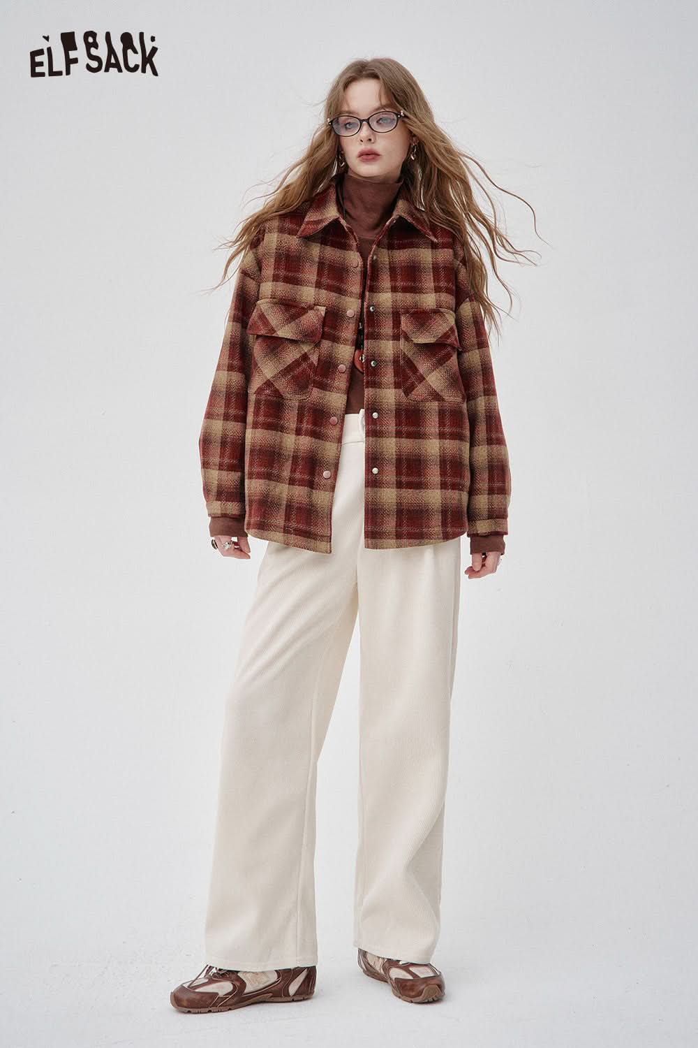 ELFSACK wool blend plaid short jacket in brown tones, styled with cream wide-leg pants