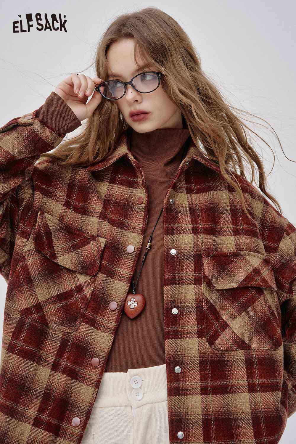 ELFSACK wool blend plaid short jacket in red and brown with a relaxed fit and pocket details