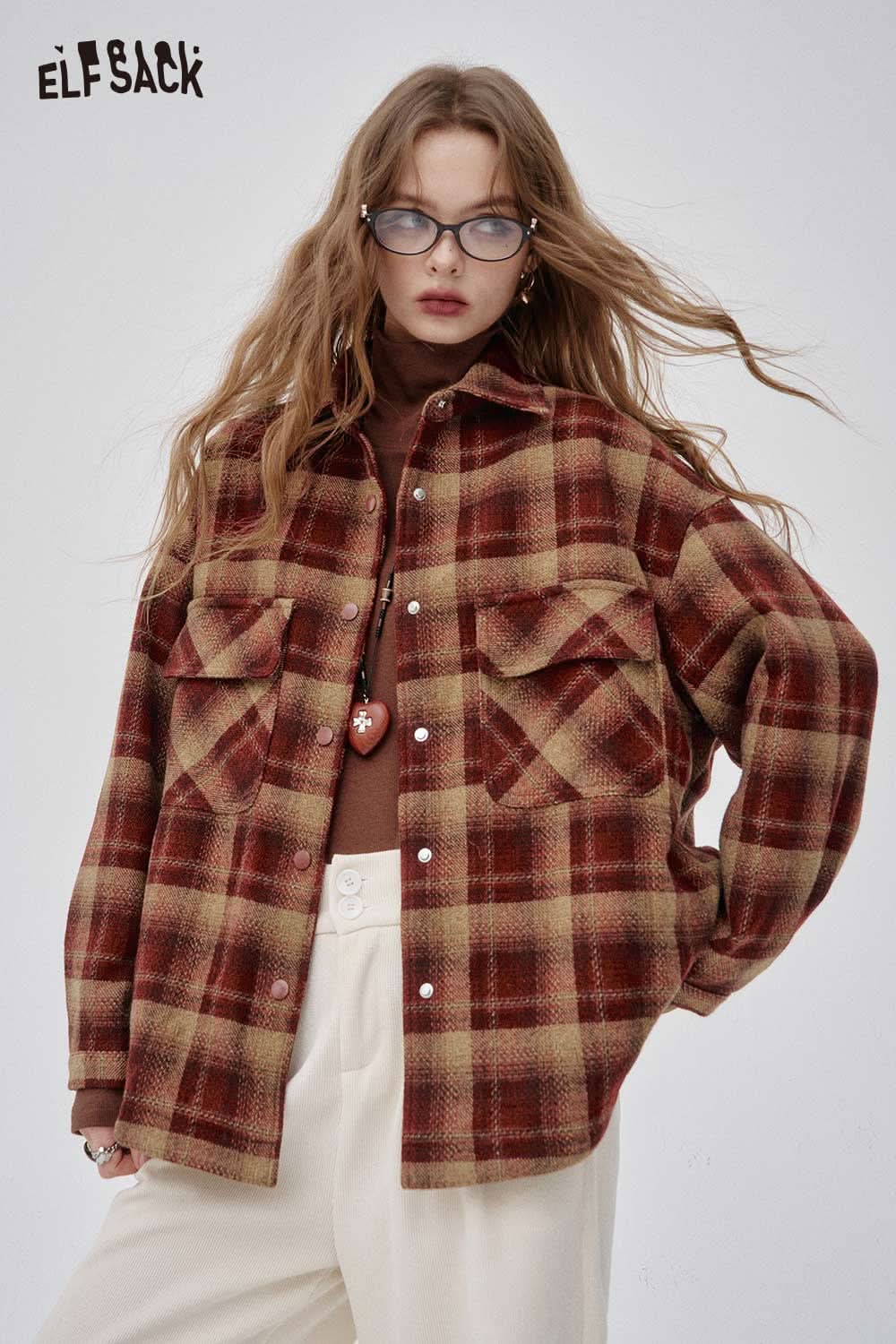 ELFSACK wool blend plaid short jacket in red and beige with oversized pockets and relaxed fit