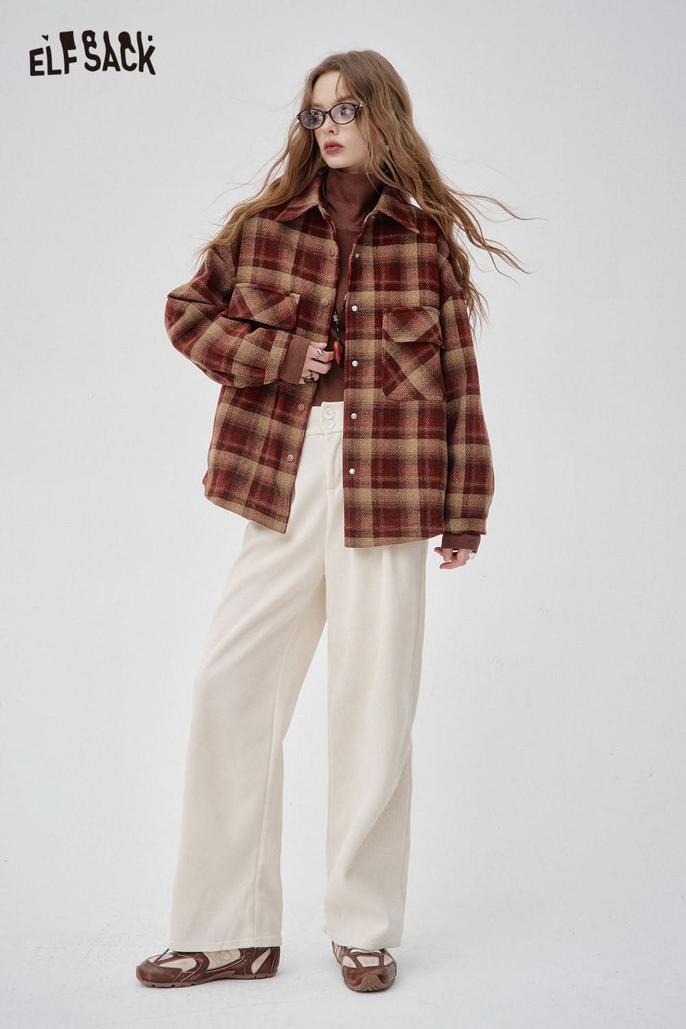 ELFSACK wool blend plaid short jacket in brown tones, styled with cream wide-leg pants for a trendy look