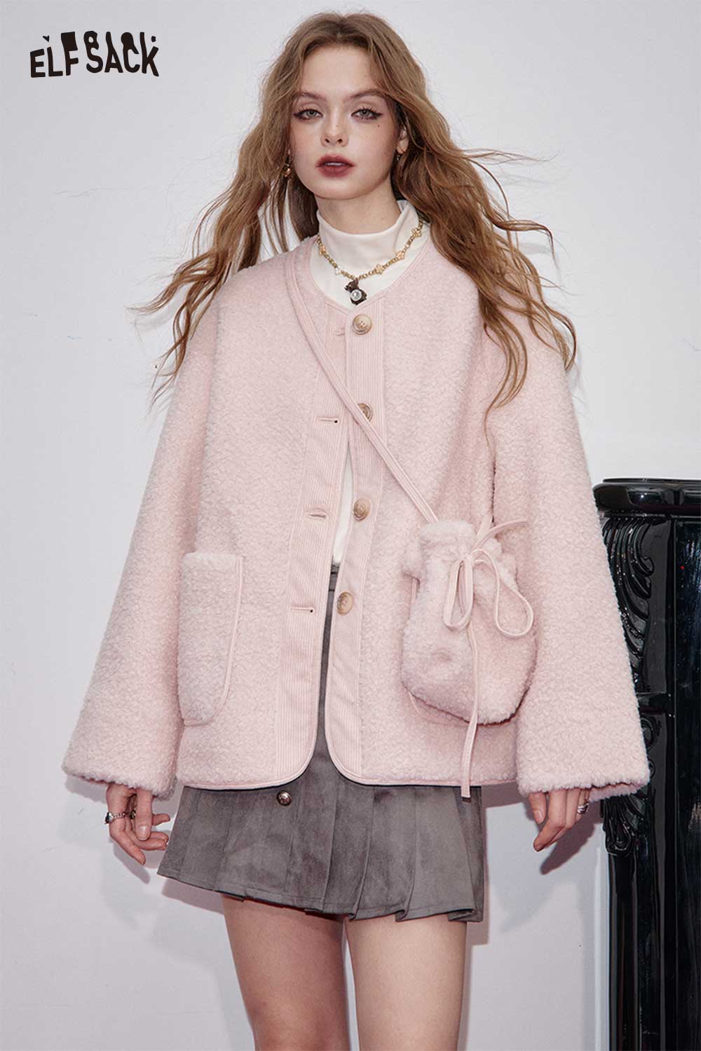 ELFSACK soft pink wool blend quilted coat for women with oversized fit and front pockets